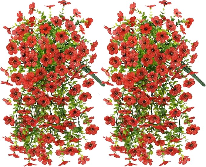 INQCMY 2Pcs Artificial Flowers for Outdoors UV Resistant Artificial Plants Easy Assembly for Spring Decor Look Real Faux Hanging Flowers for Outside Home Planter Porch Patio Decor