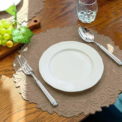 Noctiflorous Round Faux Leather 15 Inch Placemats Set of 6 Waterproof Wipeable Heat Resistant Tablemat for Dining Table Kitchen Non Slip Oilproof Table Place Mat for Indoor Outdoor(A Brown, 6)