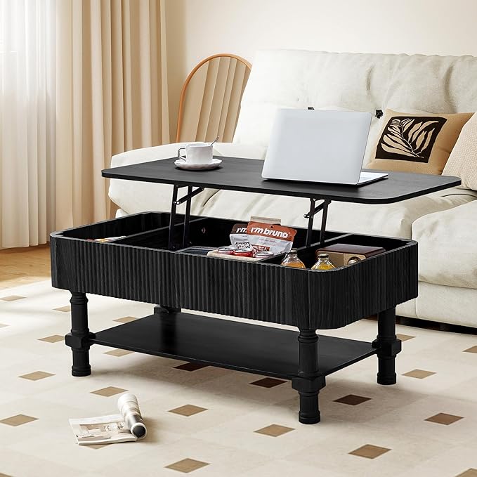 39”Large Lift Top Coffee Table with Hidden Storage Compartment,Fluted Coffee Tables Fully Assembled Wooden Center Table,Mid Century Modern Lift Tabletop Dining Table for Living Room Home Office,Black