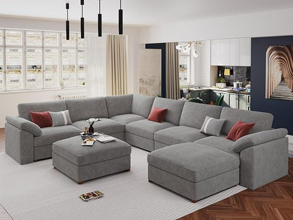 Ease MOOSEGrey Sectional Modular Sofa, Oversized U Shape Sectional Couch Wide Deep seat Sectional Sofa,FSC Certified Comfortable Chenille White Modular Sofa，Detachable and Washable
