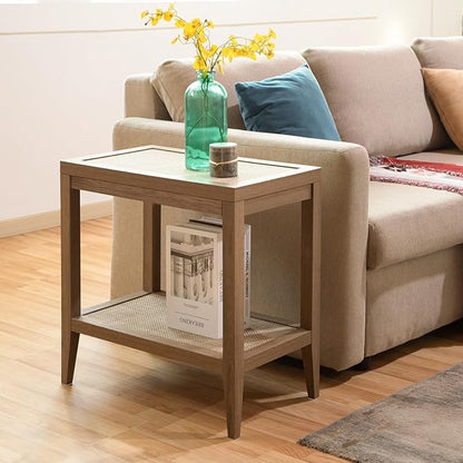 SICOTAS Boho Rattan Nightstand Bedside Table Farmhouse Narrow End Table Accent Side Table, Wood