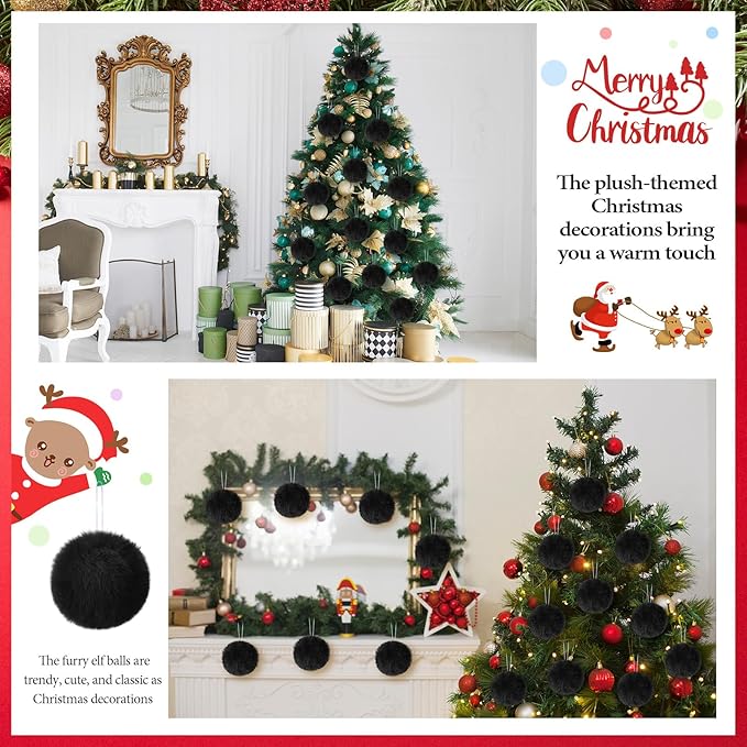 12Pcs Furry Christmas Ball Ornament for Xmas Tree Black Soft Faux Fur Pom Pom Ball Ornaments Christmas Tree Hanging Decorations for Winter Party Home Decor Costume Supplies