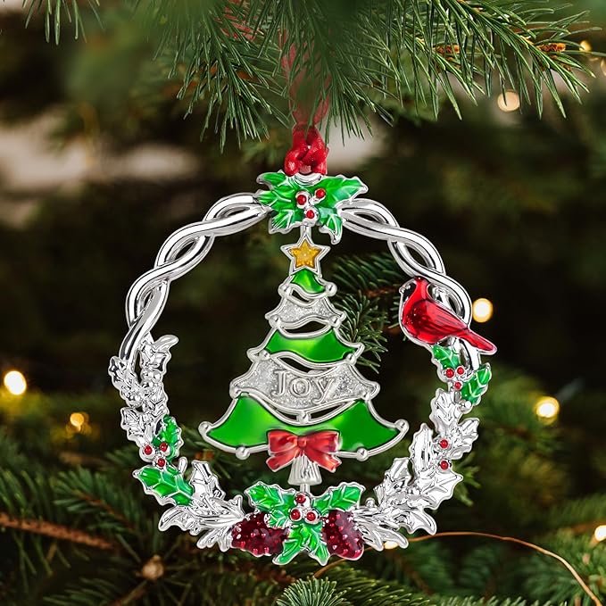 Christmas Tree Ornament Metal Silver Hanging Rotatable Design Charm Holiday Decorative Pendant Gift Keepsake (2025 Joy)