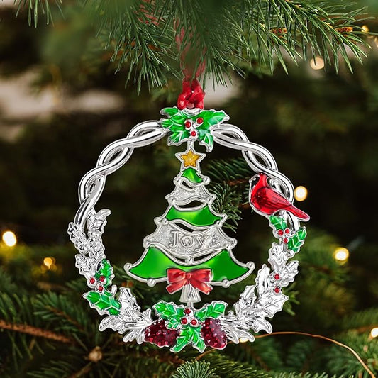 Christmas Tree Ornament Metal Silver Hanging Rotatable Design Charm Holiday Decorative Pendant Gift Keepsake (2025 Joy)