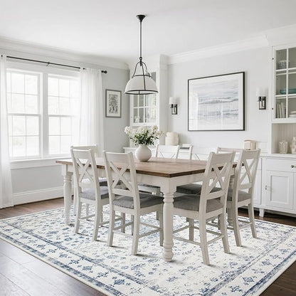 Washable Rugs 8x10 Area Rugs for Living Room,Rugs for Bedroom,Large Carpets,Ultra Soft Faux Wool Retro Dining Room Rug,Non Slip&Non-Shedding Low Pile Vintage Print Rug for Home Office-Blue