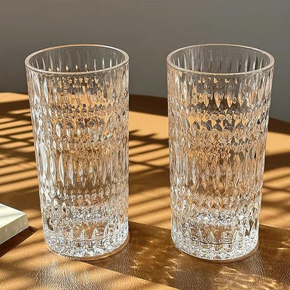 Highball Glasses Set of 4 15oz Vintage Glass Cups Fits Dinner Party - Unique Texture, Dishwasher Safe