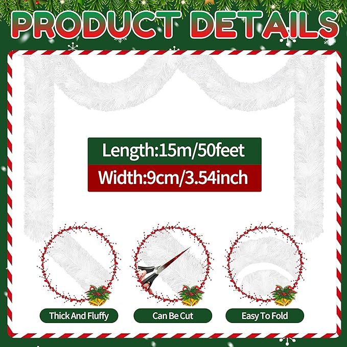 50 Ft Christmas Tinsel Garland White Thick Tinsel Garland Xmas Tree Decorations Metallic Tinsel Twist Garland for Christmas, Birthday, Party Decor Indoor Outdoor Party Supplies