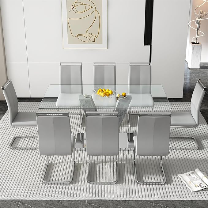 71" Glass Dining Table Set for 8, Kitchen Table and 8 PU Leather Chairs, Tempered Glass Top and MDF Base, 9-Piece Table Set Ideal for Living Room