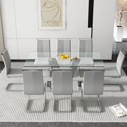 71" Glass Dining Table Set for 8, Kitchen Table and 8 PU Leather Chairs, Tempered Glass Top and MDF Base, 9-Piece Table Set Ideal for Living Room