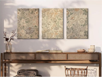 Vintage Flower Wall Art Decor Beige Floral Canvas Wall Art Botanical Rustic Pictures Prints Farmhouse Antique Painting Vintage Flower Poster for Living Room Bedroom 16x24 Inch Wrapped Canvas Set of 3