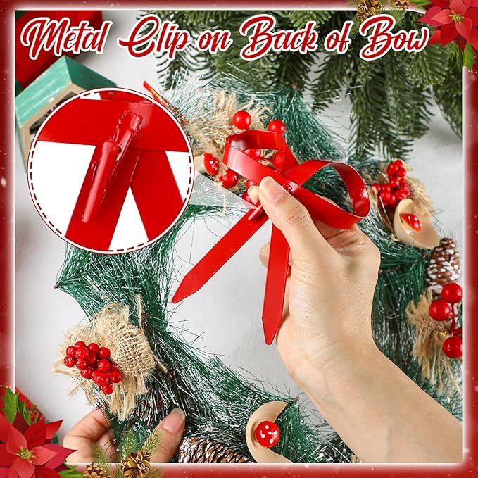 12 Pcs 2025 Metal Christmas Bow Ornaments for Christmas Tree Garland Wreath Bulk Bow with Clip Ornament Vintage Indoor Outdoor Home Xmas Party Decorations, 4 x 5 Inches (Red)