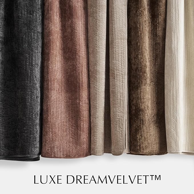 EVERGRACE Velvet Quilt Set King Size, Luxurious Soft Quilted Bedding Sets, Lightweight Velvet Comforter for All Season, Striped Channel Bedspread Coverlet with 2 Shams, Washed Black