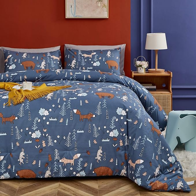 CLOTHKNOW Kids Comforter Sets Twin/Twin XL Blue Animal Woodland Bedding Comforter Sets Cartoon Forest Fox Rabbit Comforter with 2 x Pillow Cases