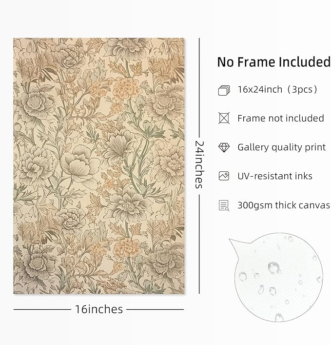 Vintage Flower Wall Art Decor Beige Floral Canvas Wall Art Botanical Rustic Pictures Prints Farmhouse Antique Painting Vintage Flower Poster for Living Room Bedroom 16x24 Inch Unframed Set of 3