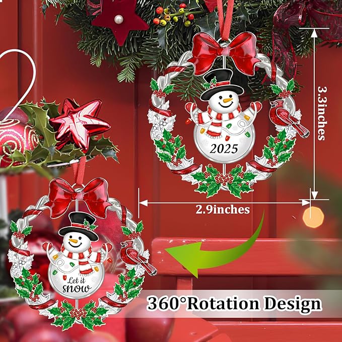 Christmas Ornament 2025 for Christmas Tree Decorations, Dated 2025 Christmas Wreath Ornament with Rotatable Snowman for Holiday Decorative Keepsake Gift(Metal,1 Pack)