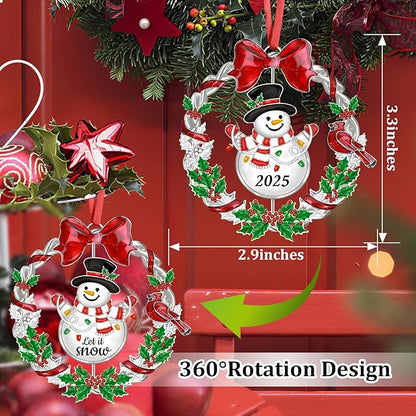 Christmas Ornament 2025 for Christmas Tree Decorations, Dated 2025 Christmas Wreath Ornament with Rotatable Snowman for Holiday Decorative Keepsake Gift(Metal,1 Pack)