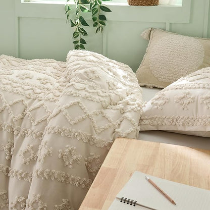 Bedsure Tufted Boho Comforter Set Twin Size - Beige Boho Bed Set, GentleSoft™ 2 Pieces Farmhouse Shabby Chic Embroidery Bedding, Gifts for Woman, Soft Jacquard Twin Comforter for All Seasons