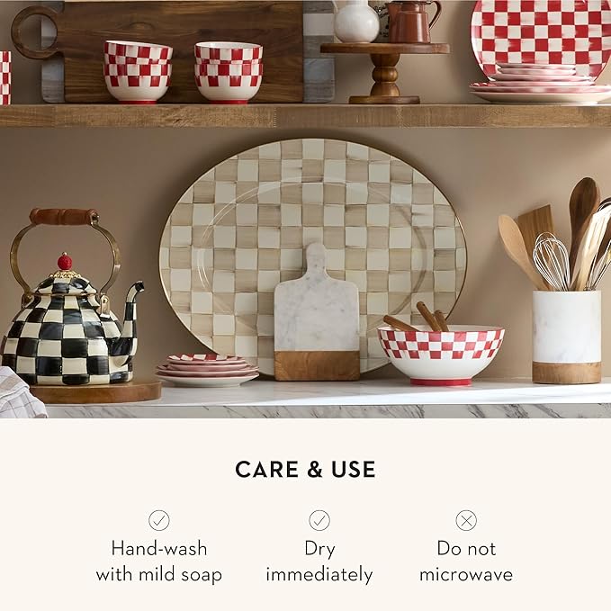 MACKENZIE-CHILDS Enamel Oval Platter, Serving Plate for Entertaining, Large, Brown-and-White Mocha Check