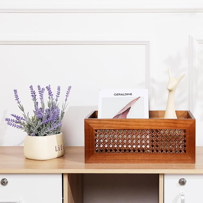 Wooden Storage Basket Large Handmade Rattan Drawer Storage Box with Frame & Handles Decorative Natural Bamboo Woven Bins Rustic Farmhouse Decor Home Office Tabletop Shelf Organizer 15" x 11" x 5.9"