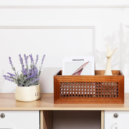 Wooden Storage Basket Large Handmade Rattan Drawer Storage Box with Frame & Handles Decorative Natural Bamboo Woven Bins Rustic Farmhouse Decor Home Office Tabletop Shelf Organizer 15" x 11" x 5.9"