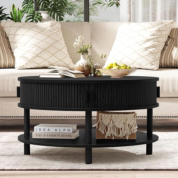 31.5” Round Coffee Table with Storage, Mid Century Modern 2 Tier Coffee Table with Tambour Sliding Door, Solid Wood Legs Fluted Center Table for Living Room Home Office Small Space, Black