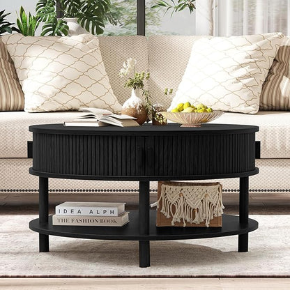 31.5” Round Coffee Table with Storage, Mid Century Modern 2 Tier Coffee Table with Tambour Sliding Door, Solid Wood Legs Fluted Center Table for Living Room Home Office Small Space, Black