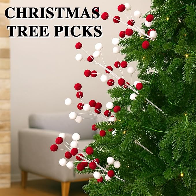 6 Pcs Red White Pom Poms Christmas Decorations & Felt Christmas Picks and Sprays DIY Xmas Tree Toppers, Festive Tree Filler & Decor (Redwhite)