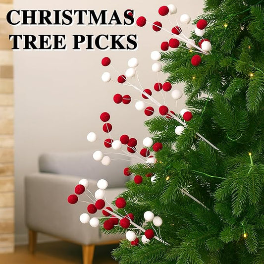 6 Pcs Red White Pom Poms Christmas Decorations & Felt Christmas Picks and Sprays DIY Xmas Tree Toppers, Festive Tree Filler & Decor (Redwhite)
