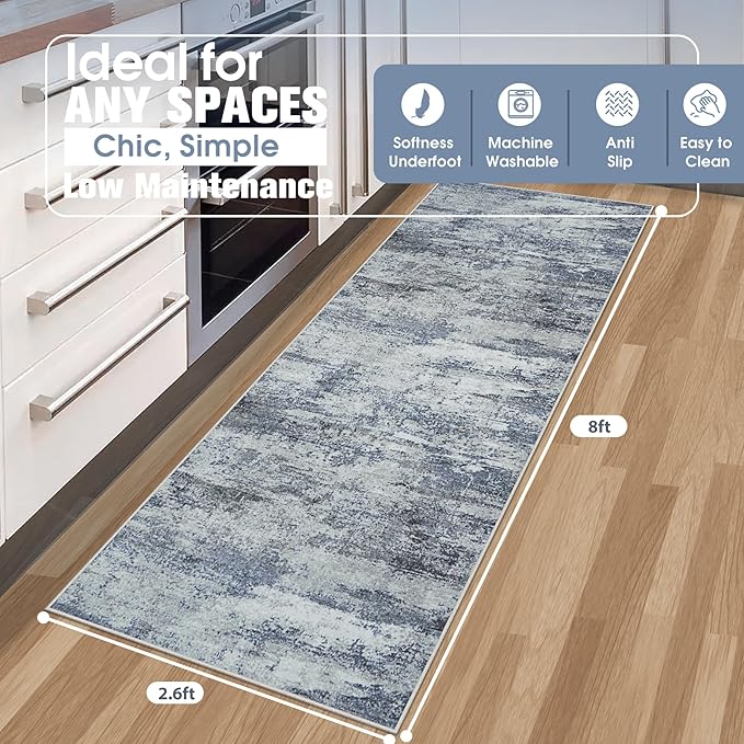 Runner Rug for Hallways Kitchen 2'6"x8' Washable Non Slip: Carpet Non Skid 8ft Entryway Rubber Backed 8 Feet Neutral Abstract Modern Rug Low Pile Pet Friendly Indoor Blue Grey