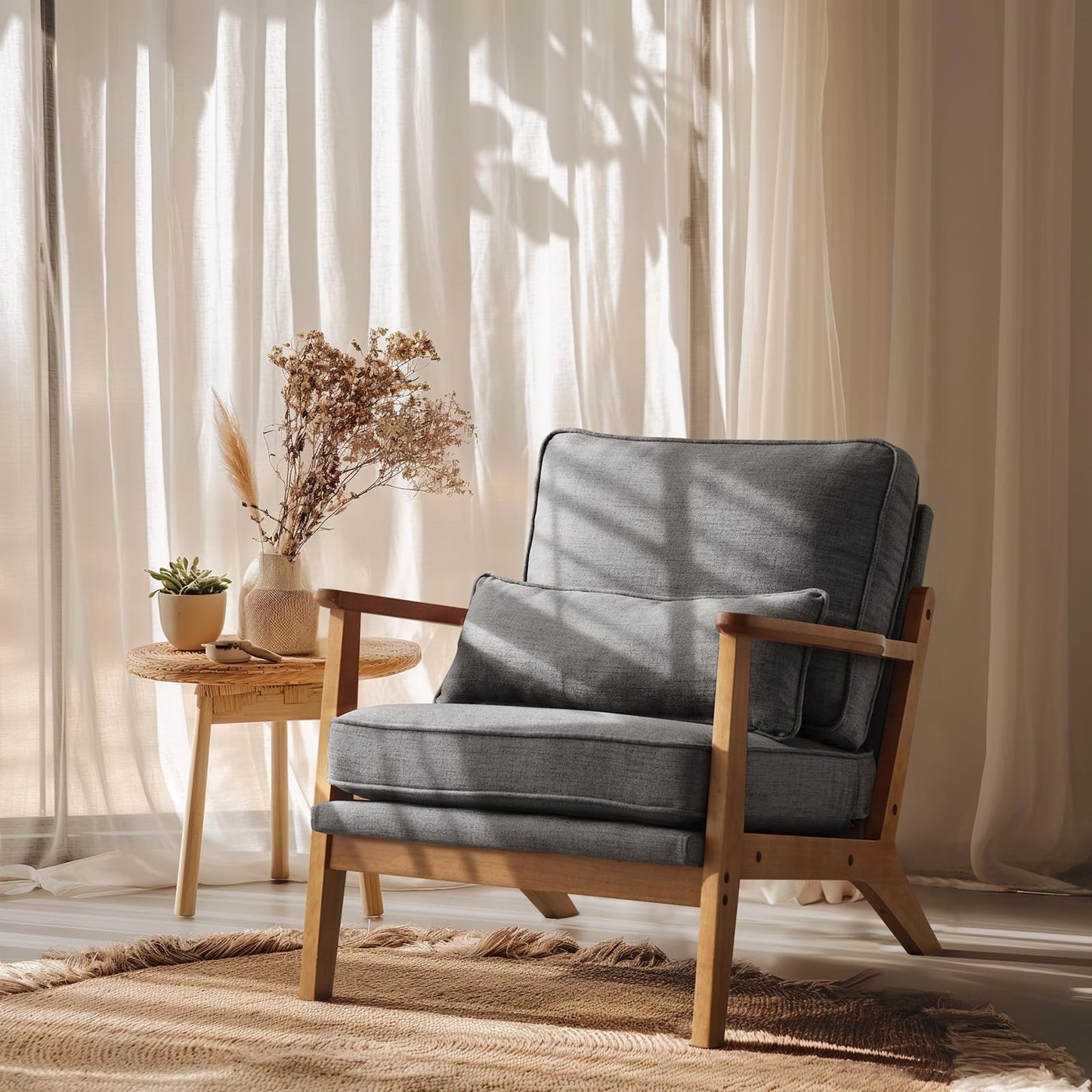 VINGLI Solid Wood Wide Armrests Accent Chair,Upholstered Mid Century Modern Chair with Pillow,Comfy Reading Chair Farmhouse Arm Chair,Chairs Living Room,Bedroom,Guest Room,Teddy Fleece,Khaki