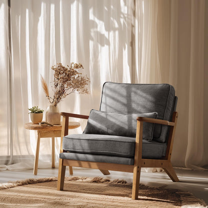 VINGLI Solid Wood Wide Armrests Accent Chair,Upholstered Mid Century Modern Chair with Pillow,Comfy Reading Chair Farmhouse Arm Chair,Chairs Living Room,Bedroom,Guest Room,Teddy Fleece,Khaki