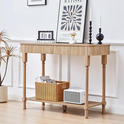 43.3'' Fluted Console Table for Entryway, Narrow Entryway Tables with 2 Wooden Drawers, Retro Sofa Table Behind Couch Accent Tables for Foyer, Living Room, Hallway (Natural)