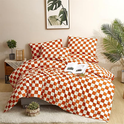 CLOTHKNOW Rust Beige Plaid Twin/Twin XL Comforter Set 3Pcs Grid Bedding Comforter Sets Soft All Season Checker Comforter with 2 x Pillow Cases