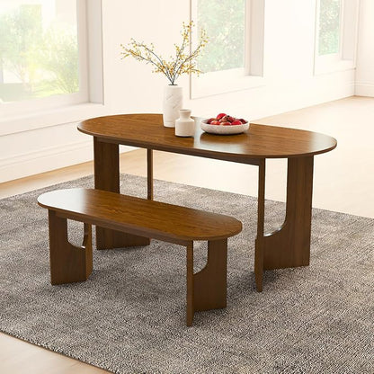 63" Oval Wooden Dining Table, Farmhouse Walnut Kitchen & Dining Room Table for 4-6 Seats, Modern Long Dinner Table with Pedestal Base, Home Desk for Kitchen, Living Room, Medium Walnut