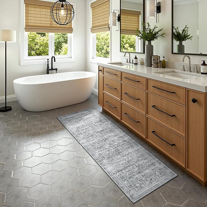 Lofus 2X 6 Runner Rug for Hallways,Grey Washable Runner Rugs with Non Slip Rubber Backing, Low Pile Soft Carpet Runner for Kitchen Bathroom Bedroom Laundry