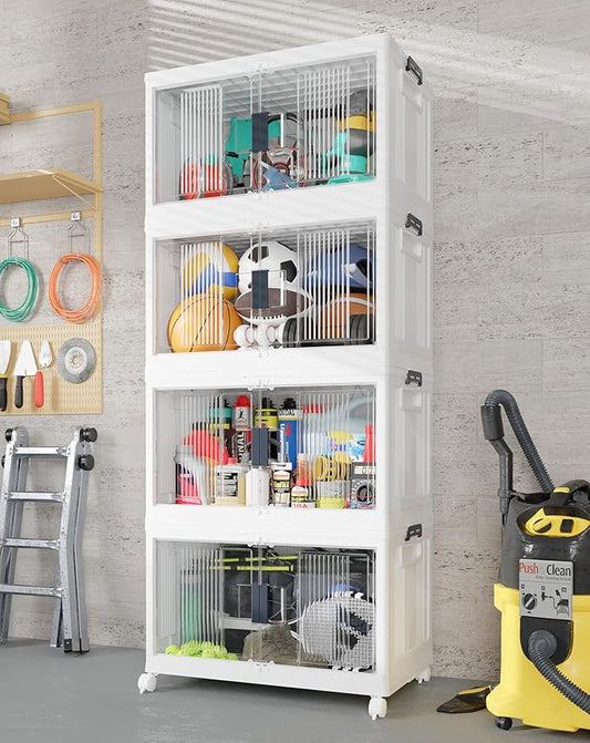 OlarHike Bookcase Storage 97QT Folding Stackable Storage Bins with Doors and Wheels 4 Pack Cubes, White