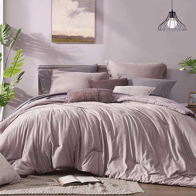 Monbix King Size Comforter Set, Lilac King Size Bedding Set Reversible, King Comforter Set 7 Pieces, Cationic Dyeing Bed in a Bag with Comforter, Sheets, Pillowcases & Shams