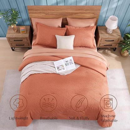Geniospin Queen Size Comforter Set - 7 Pieces Burnt Orange Bedding Set, Botanical Textured Fall Comforter Set, All Season Lightweight Bed in a Bag with Comforter, Sheets, Pillowcases & Shams