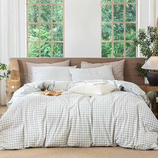 MooMee Gingham Duvet Cover Set 100% Washed Cotton Linen Like Textured Breathable Durable Soft Comfy Modern Checkered Design (Northern Droplet Grey Gingham, King 104"x90")