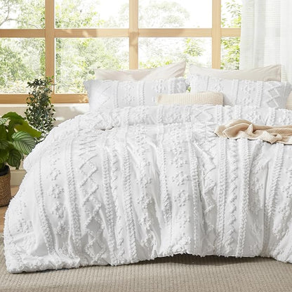 Bedsure Tufted Boho Comforter Set Oversized King - Bright White Boho Bed Set, GentleSoft™ 3 Pieces Farmhouse Shabby Chic Embroidery Bedding, Gifts for Woman, Soft Jacquard Comforter for All Seasons