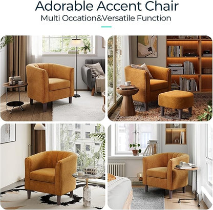 LINSY Accent Chair with Ottoman, Chenille Barrel Chair with Footstool, Modern Upholstered Armchair for Living Room Bedroom Waiting Room Office, Orange
