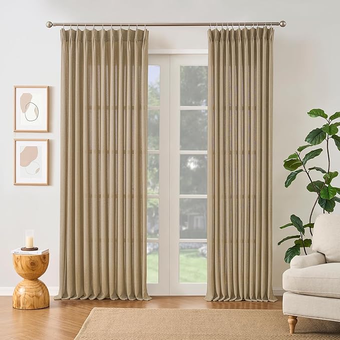 Dark Flax Pinch Pleated Linen Curtains 86 Inches Long Semi Sheer Memory Trained Ripple Fold Curtain with Hooks Back Tab Textured Light Filtering Drapes for Bedroom Living Room 50x86 Set of 2