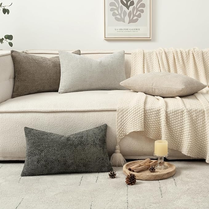 MIULEE Pack of 4 Throw Pillow Covers 12x20 Inch Neutral Soft Decorative Chenille Pillow Covers Farmhouse Boho Accent Cushion Covers for Mid Century Modern Home Decor Bedroom Living Room