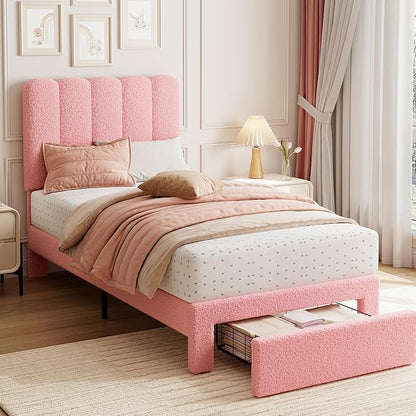 GarveeHome Twin Bed Frame with Under-Bed Drawer, Upholstered Platform Bed with Wave Headboard for Kids/Girls, Wooden Slats Support, No Box Spring Needed, Boucle Pink
