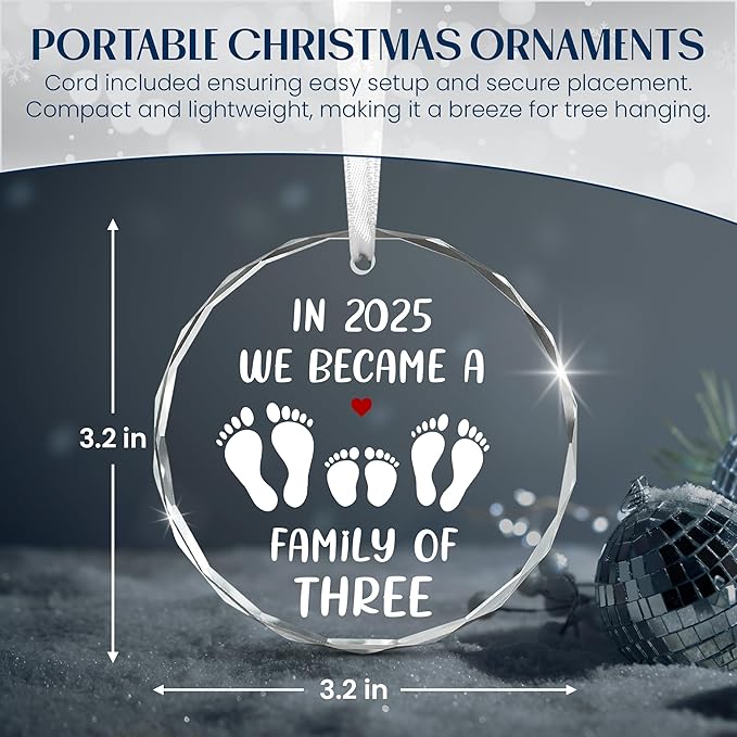 Baby's First Christmas Ornaments 2025 - Glass Christmas Ornaments 2025 for Tree Decorations - Gifts for New Mom Dad Parents Couples, Family of Three, Pregnancy Announcement for Grandparents