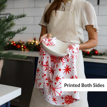 Christmas Dish Towels Holiday Kitchen Towels Tea Towels Decorative Red Snowflake Set
