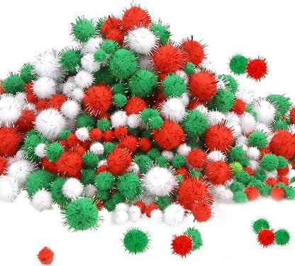 Greentime Christmas Pom Pom 1140 Pcs Glitter Fluffy Balls Pompoms Red Green White for DIY Crafts Home Party Xmas Decorations Supplies (4 Sizes)