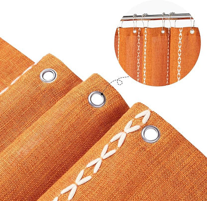 MitoVilla Boho Extra Long Shower Curtain 72 x 84, Orange 84 inch XL Polyester Linen Tassel Fabric Shower Curtain Set with Hooks for Vintage Country Farmhouse Bathroom Decor, Thick & Wrinkle Resistant