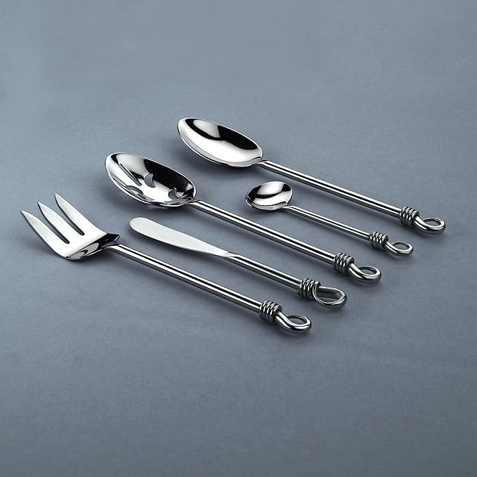 Gourmet Settings 5-Pieces Hostess Silverware Twist Collection Polished Metal Flatware Serving Set, Stainless Steel Kitchen Utensils Knife/Fork/Spoons (34-701)