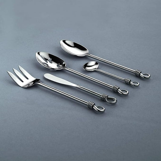 Gourmet Settings 5-Pieces Hostess Silverware Twist Collection Polished Metal Flatware Serving Set, Stainless Steel Kitchen Utensils Knife/Fork/Spoons (34-701)